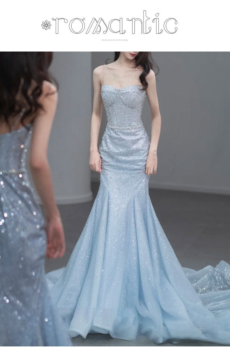 Fishtail Evening Dress High-Grade Model Catwalk Student Art Exam Toast Dress Bride Super Fairy Blue French Strap