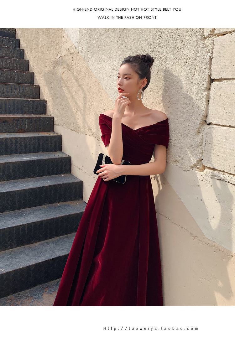 Bridal Toast Clothing Velvet 2024 New High-Grade off-Shoulder Banquet Temperament Engagement License Host Evening Dress