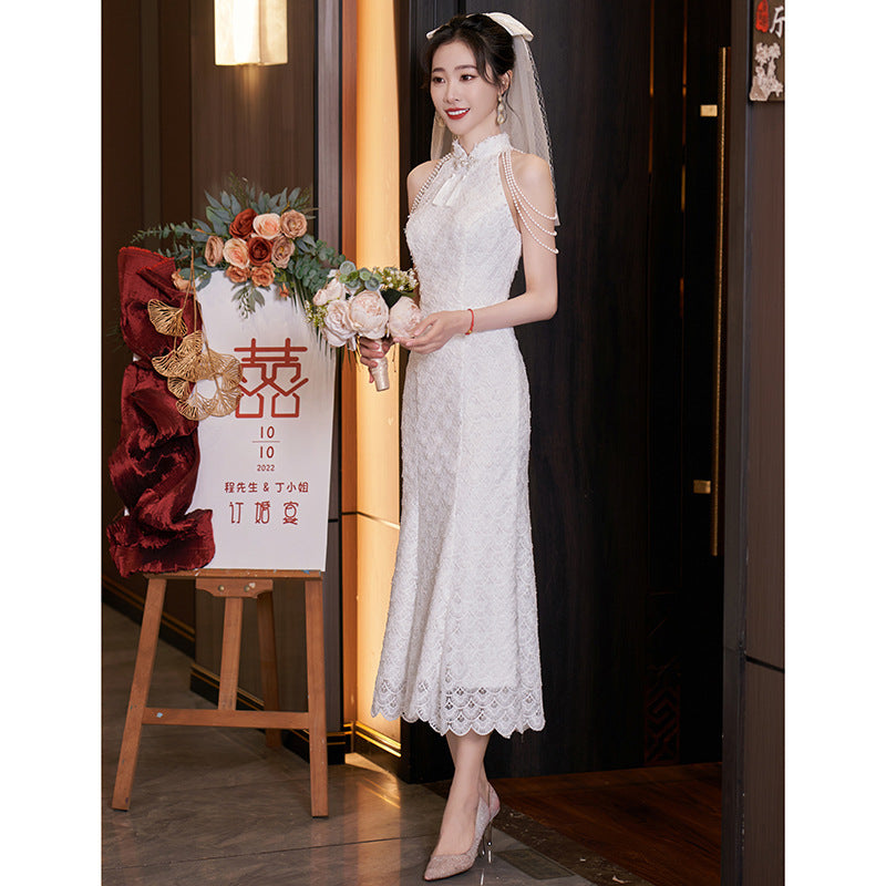 New Chinese Style Registration Slim White Dress Autumn and Winter Improvement Young Cheongsam Engagement Bride Lace Fishtail Dress