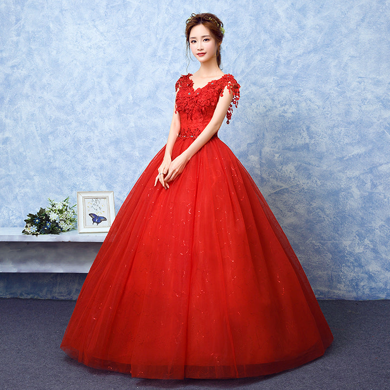 Prom dress gala Starry Sky Red Light Primary Wedding Dress Floor-Length V-Collar Slimming Small Bride 2022 New Female plus Size H8992