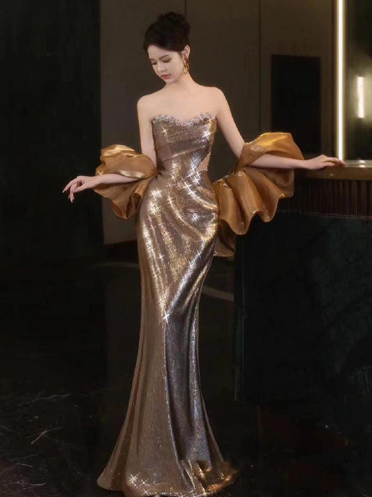 Golden Evening Dress 2024 High-Grade Wine Red Tube Top Bride Engagement Toast Dress Banquet Temperament Host