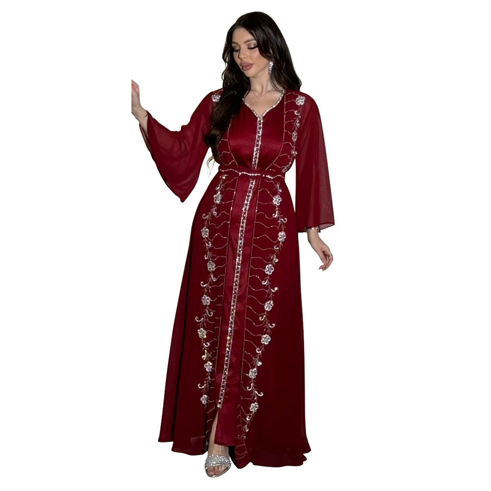 Xqy500261 Amazon Four Seasons Commuter Vest + Coat Dress Chiffon Rhinestone Muslim Suit Robe