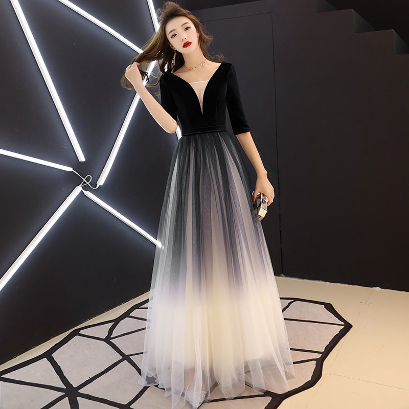 Evening Dress for Women 2024 New Banquet Mid-Sleeve Long Slimming Annual Meeting Socialite Dress Evening Dress for Women Autumn and Winter