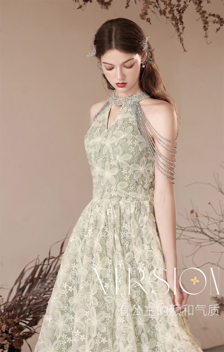 Halter Evening Dress 2024 New Printed Lace Toast Dress Bride Marriage Engagement Long Dress Elegant Slimming Green