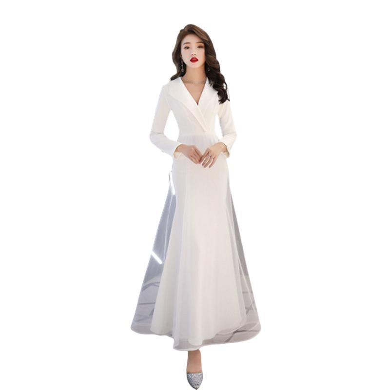 White Evening Dress Women's Long-Sleeved Annual Meeting Host Fishtail Dinner Dress 2024 New Socialite Long Temperament Slimming