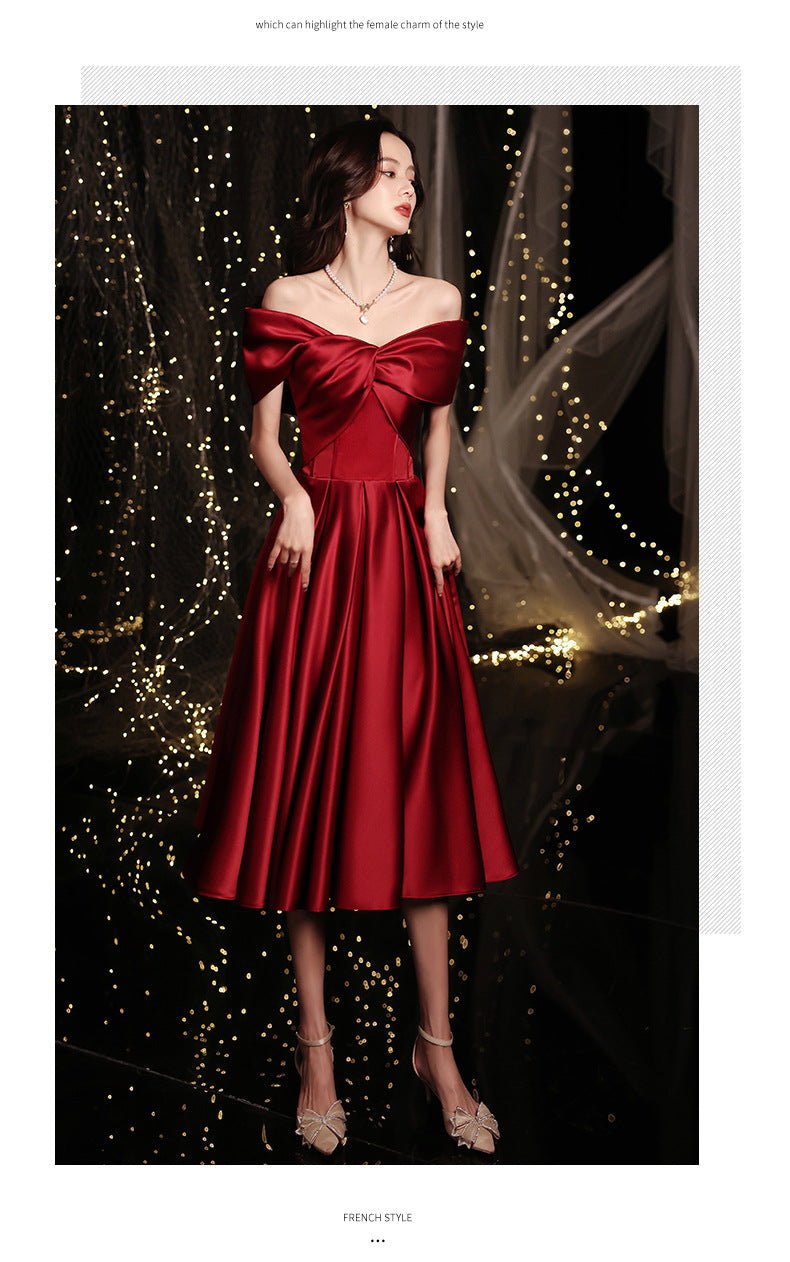 Wine Red Toast Dress Bride 2024 New Appreciation Dinner Engagement Wedding Back-to-Door off-Shoulder Evening Dress for Women Autumn