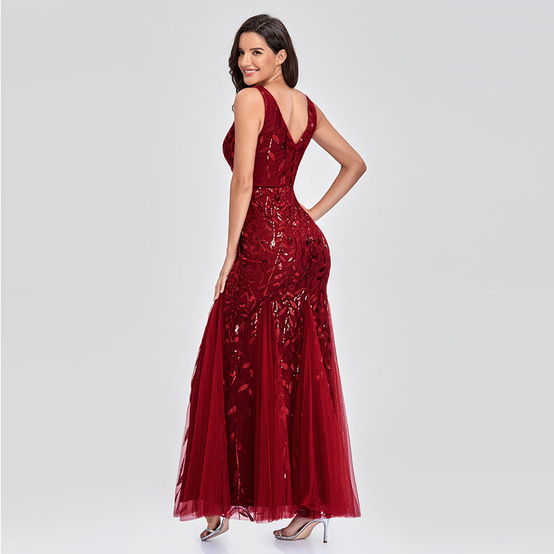 New 2023 Dress Sexy Dress Sleeveless V-neck Embroidery Sequin Slim Fishtail Bridesmaid Evening Dress for Women