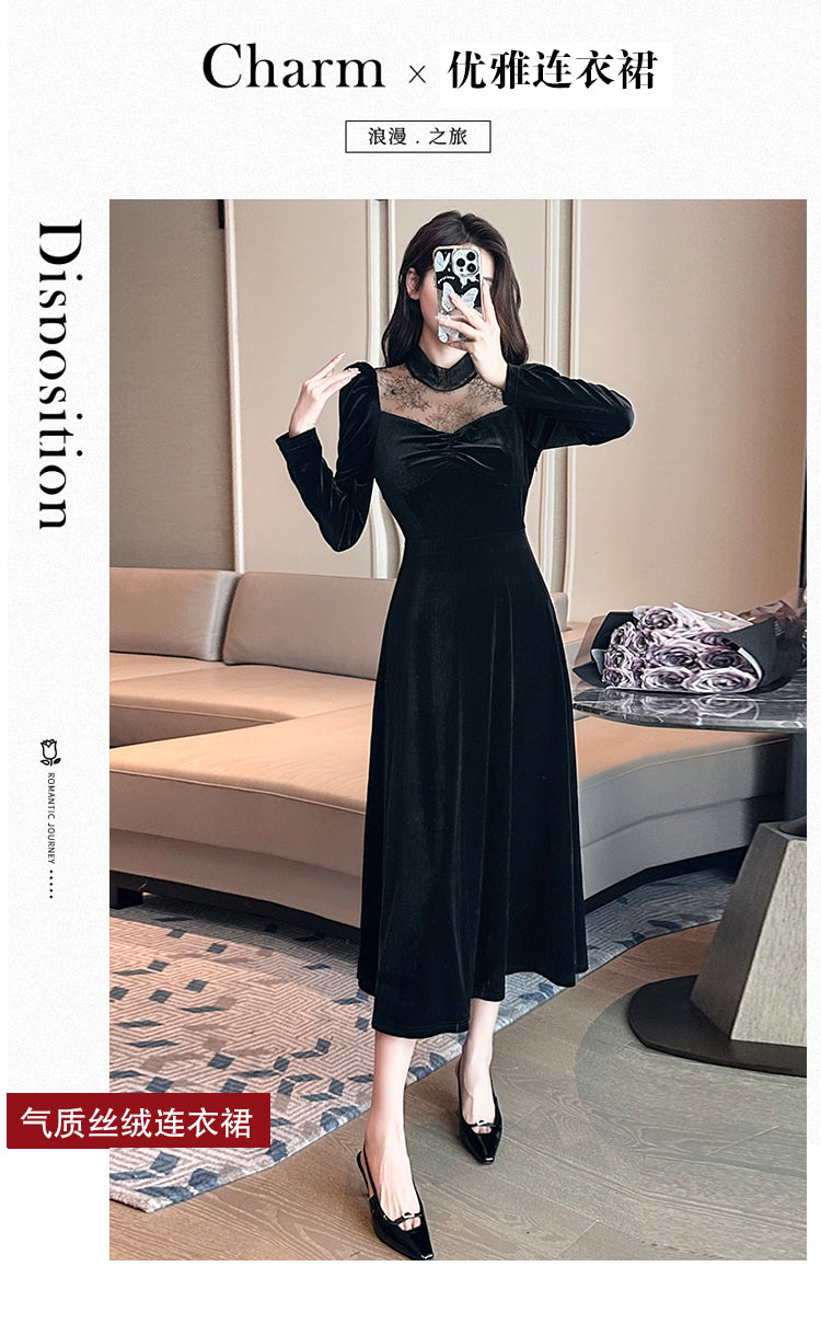 2023 Autumn and Winter Annual Party Party Dress Skirt ~ French Style Hepburn Elegant Half Turtleneck Lace Stitching Velvet Dress