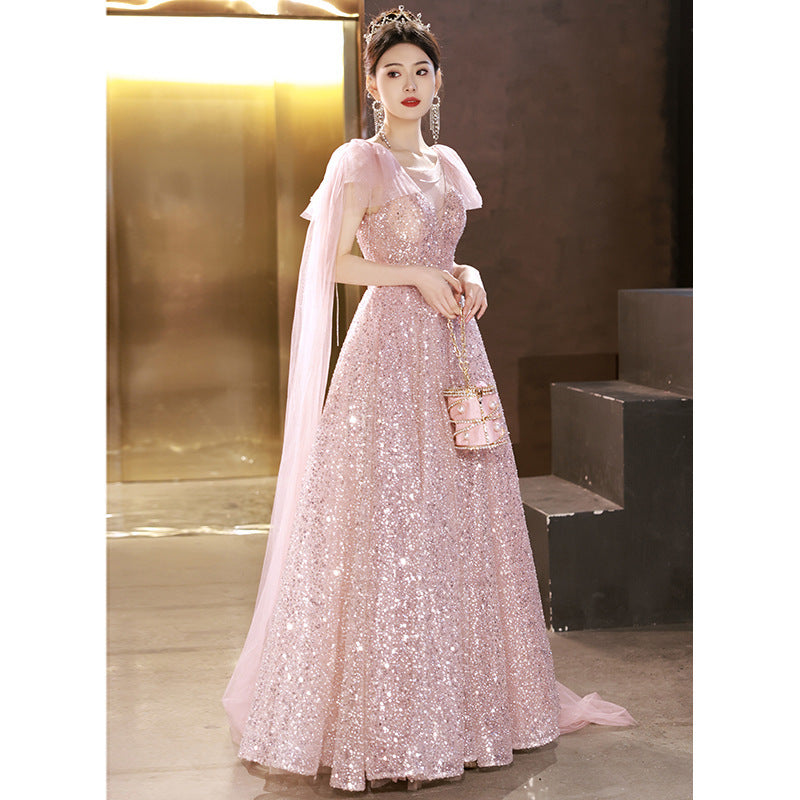 Pink Evening Dress 2024 New Fairy Temperament Banquet Birthday Graduation Adult Princess Engagement Dress Factory Supply