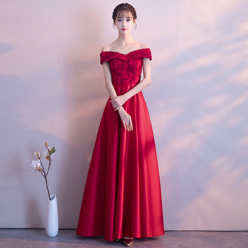 Banquet Evening Dress 2024 Autumn New Korean Style Elegant off-Shoulder Long Slimming Bridesmaid Dress for Women