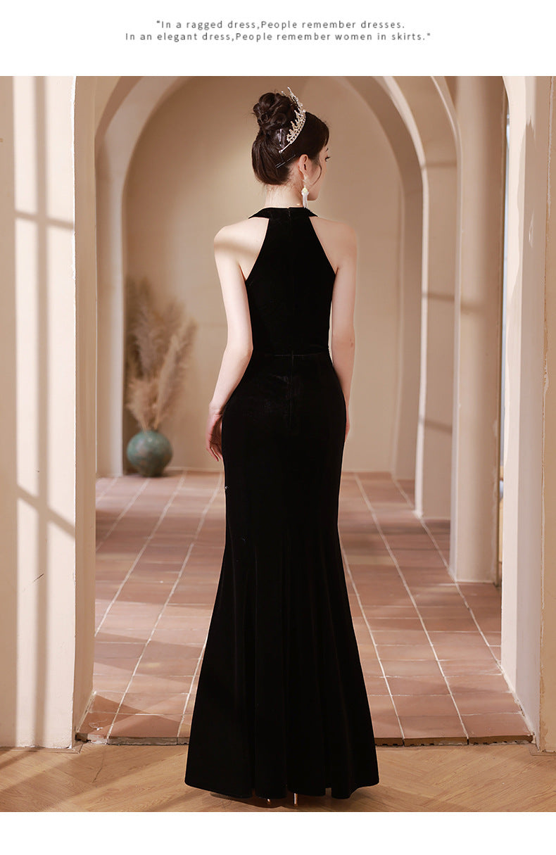 Black Halter V-neck Evening Dress Niche High-End Adult Ceremony Graduation Fishtail High-End Birthday Host Ceremony