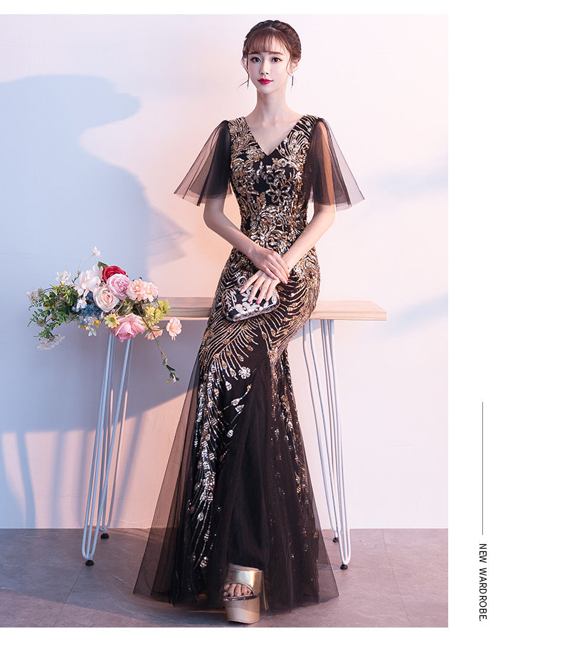 Evening Dress for Women 2024 New Banquet Socialite Gathering Long Style with Medium Sleeves V-neck Black Paillette Host Fishtail
