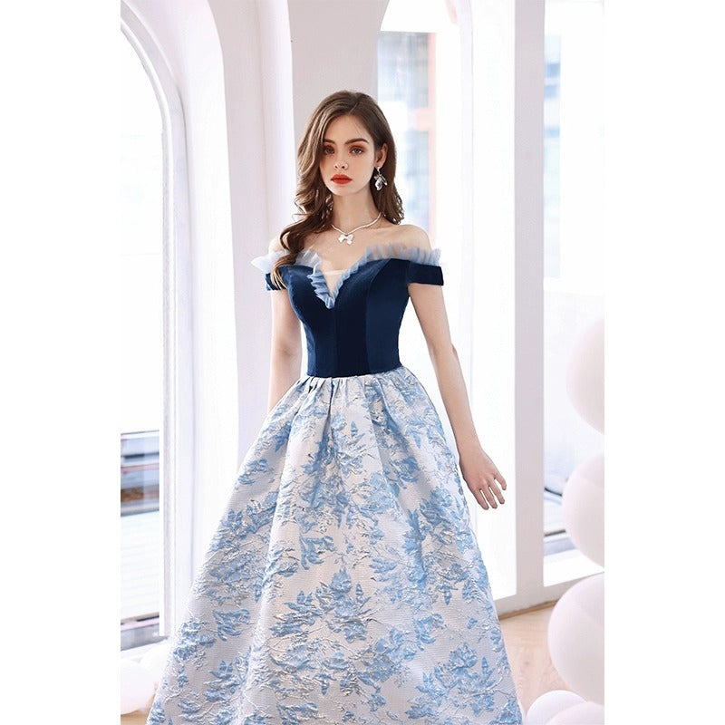 Evening Dress for Women 2024 Summer Blue off-Shoulder Banquet Performance Performance and Catwalk Host Wedding Dress