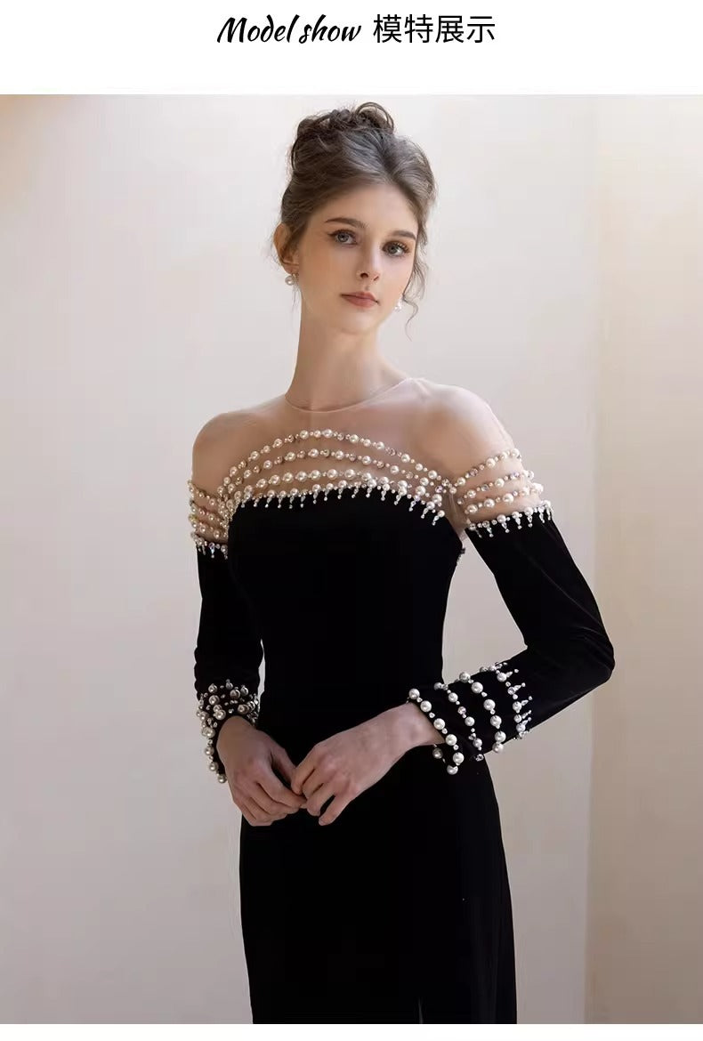 French Style Hepburn Wind Black Evening Dress 2024 New Long-Sleeved Pearl off-Shoulder Fishtail Costume