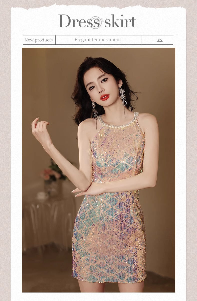 Short Party Little Evening Dress Skirt Women's Banquet Light Luxury Daily Style Sequins Dress Temperament Socialite Gathering