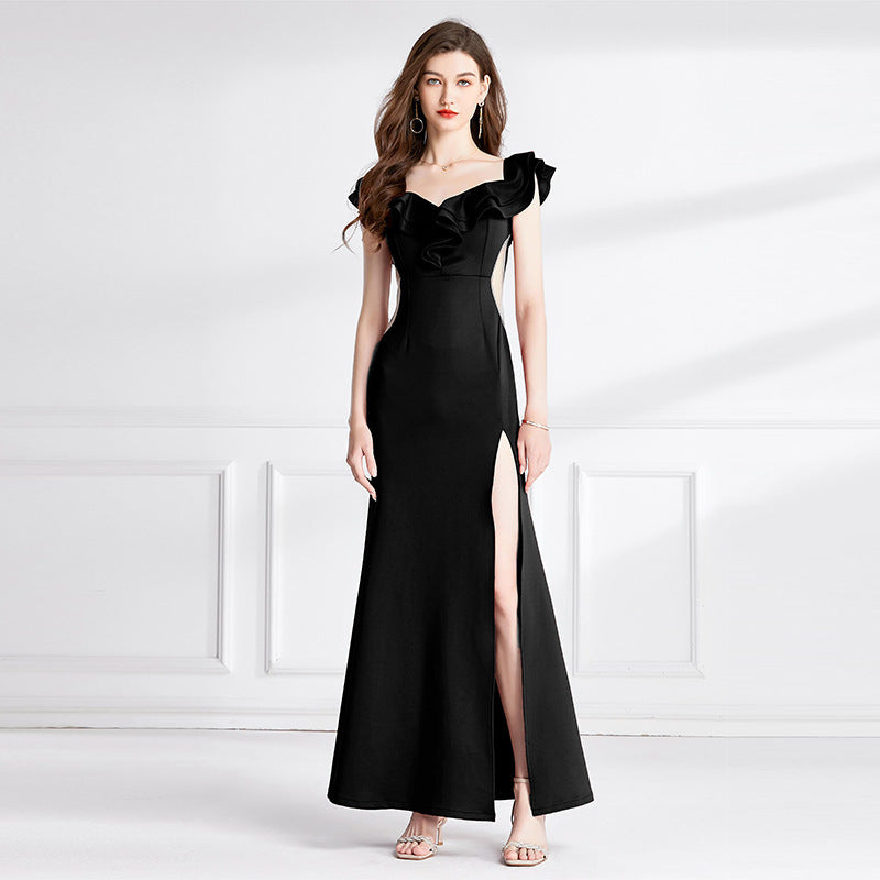 Evening Dress Gala Birthday Dinner Party Ball Gown Black Flower Long Off Shoulder Dresses H889222