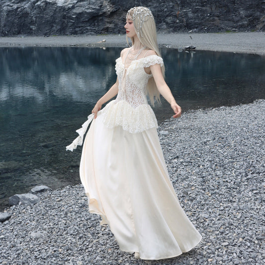 Sexy French Style Beautiful Lace Sling Dress Women's Summer Super Fairy Seaside Vacation Premium off-the-Shoulder Formal Dress