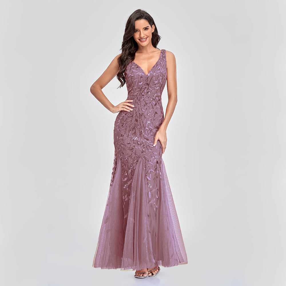 New 2023 Dress Sexy Dress Sleeveless V-neck Embroidery Sequin Slim Fishtail Bridesmaid Evening Dress for Women