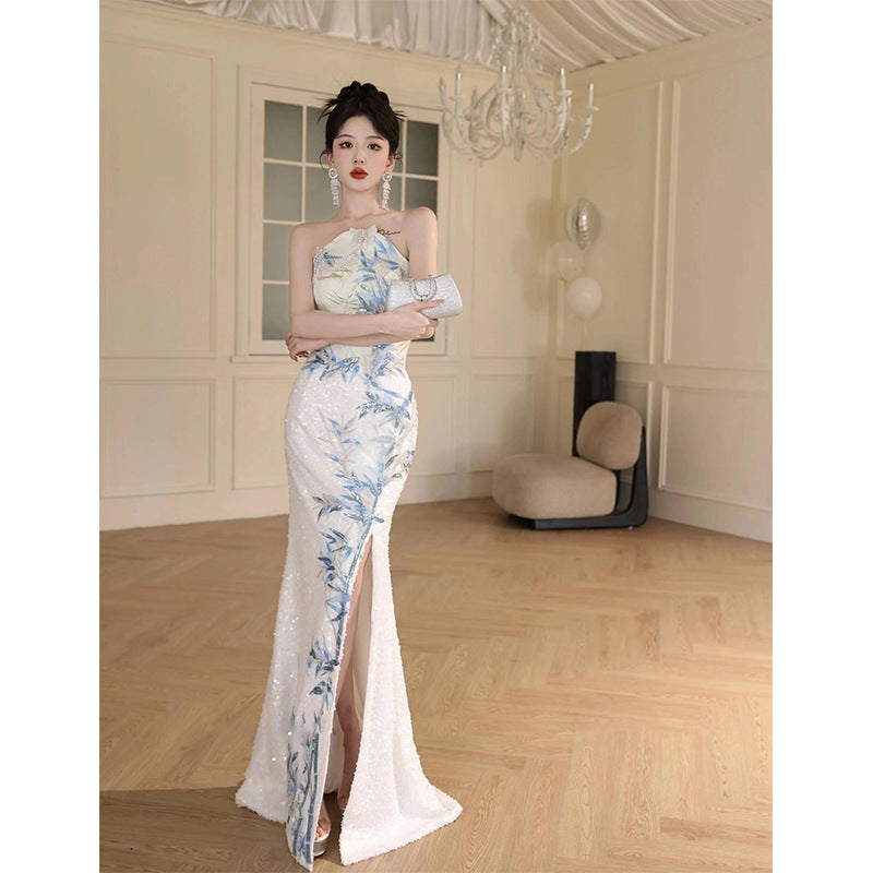 New Chinese Style Cheongsam Banquet Evening Dress Dress Women 2024 New High Sense Bride Engagement Toast Clothing Morning Gowns