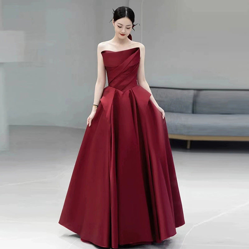 Wine Red Tube Top High-End Bridal Toast Clothing Satin High-End Sense Wedding Evening Dress Host Performance Costume Long