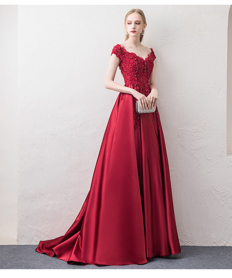 off-Shoulder Wine Red Toast Dress Bride 2024 New Marriage Engagement Wedding Family Visiting Shoes Banquet Evening Dress