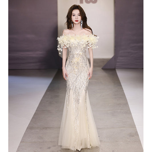 Fishtail Evening Dress 2024 off-Shoulder High-End Affordable Luxury Niche High-End Host Sequined Annual Meeting Dinner Flash
