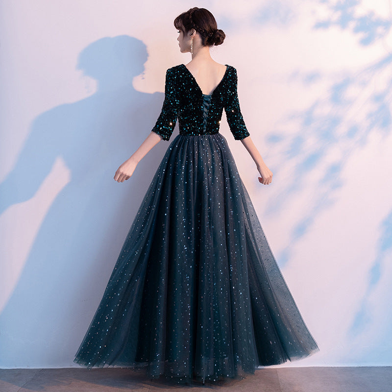 Dark Green Annual Party Evening Dress 2024 Autumn New Fashion Sexy V-neck Banquet Host Long Dress
