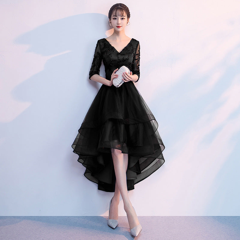 Navy Blue Evening Dress Temperament Banquet Mom Wedding Reception Clothes Front Short Back Length Dress Daily Style Autumn and Winter