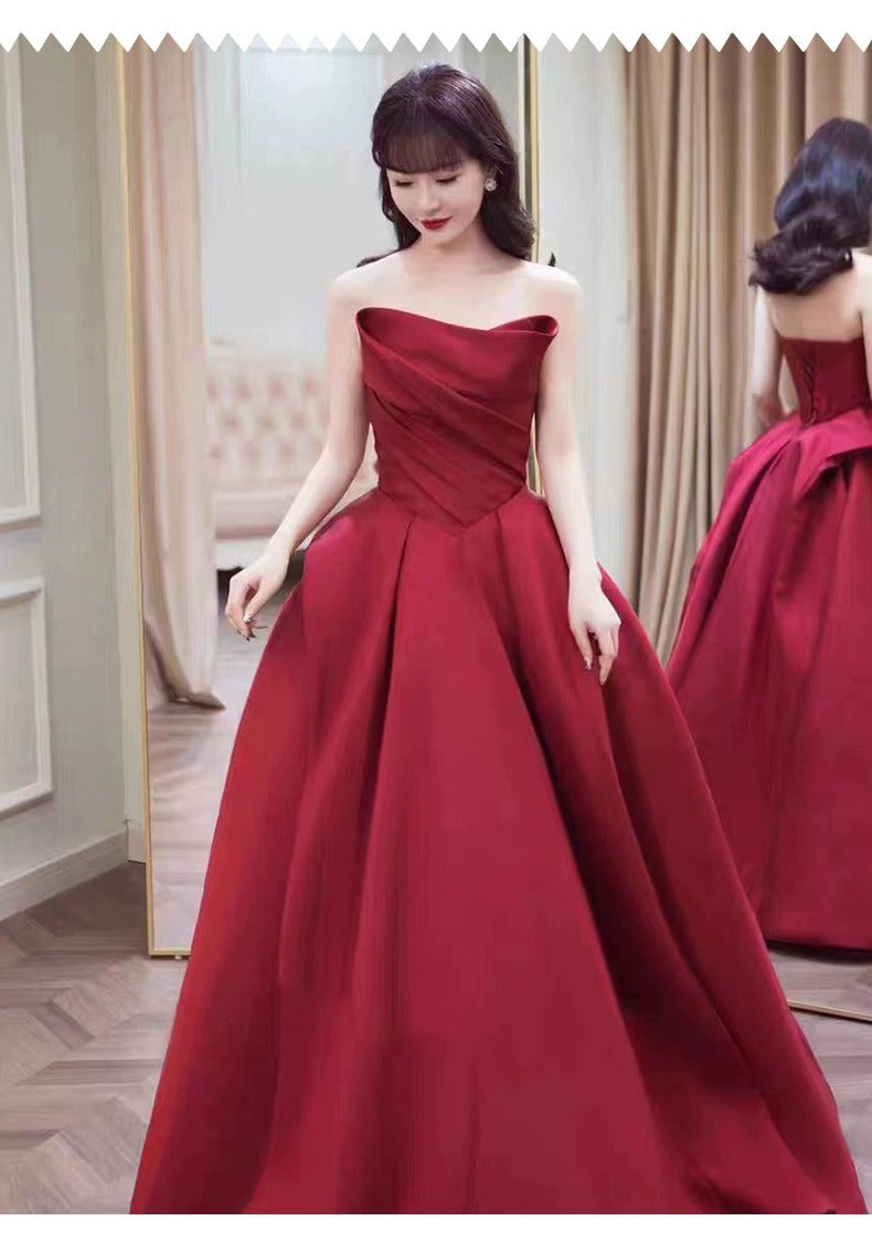 Wine Red Tube Top High-End Bridal Toast Clothing Satin High-End Sense Wedding Evening Dress Host Performance Costume Long