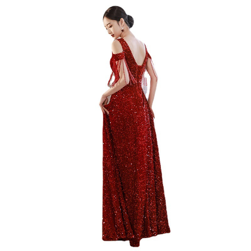 Evening Dress Formal Cocktail Dress Wine Red Sequin Bride Engagement Light Luxury Sequined High-End Large Size H823