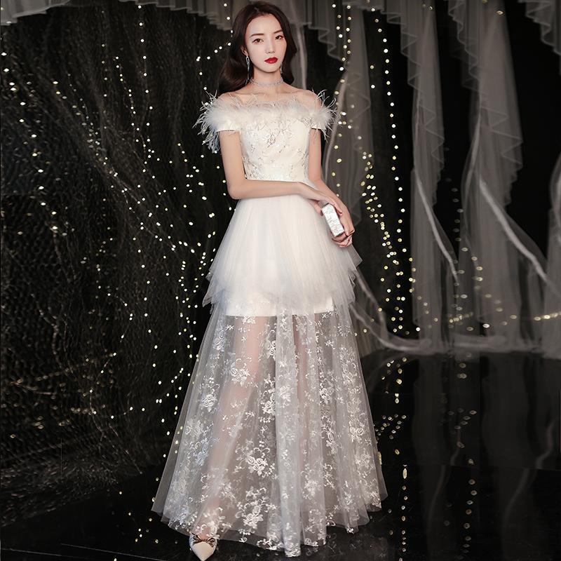 Prom dress White Lace Dresses Party off Shoulder Feather Sequin Short Foreign Minister Birthday Gown H89809