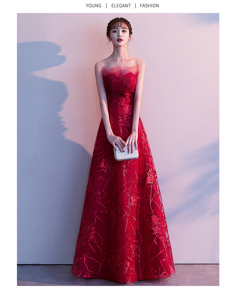 Toast Dress Bride 2024 New Autumn Winter Sexy Strapless Long Type Slimming Wedding Appreciation Dinner Red Evening Dress for Women