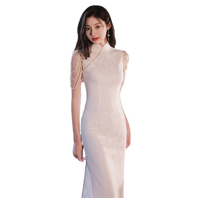 2024 New Cheongsam Little Evening Dress Dress Spring White Birthday Engagement License Registration Daily Style