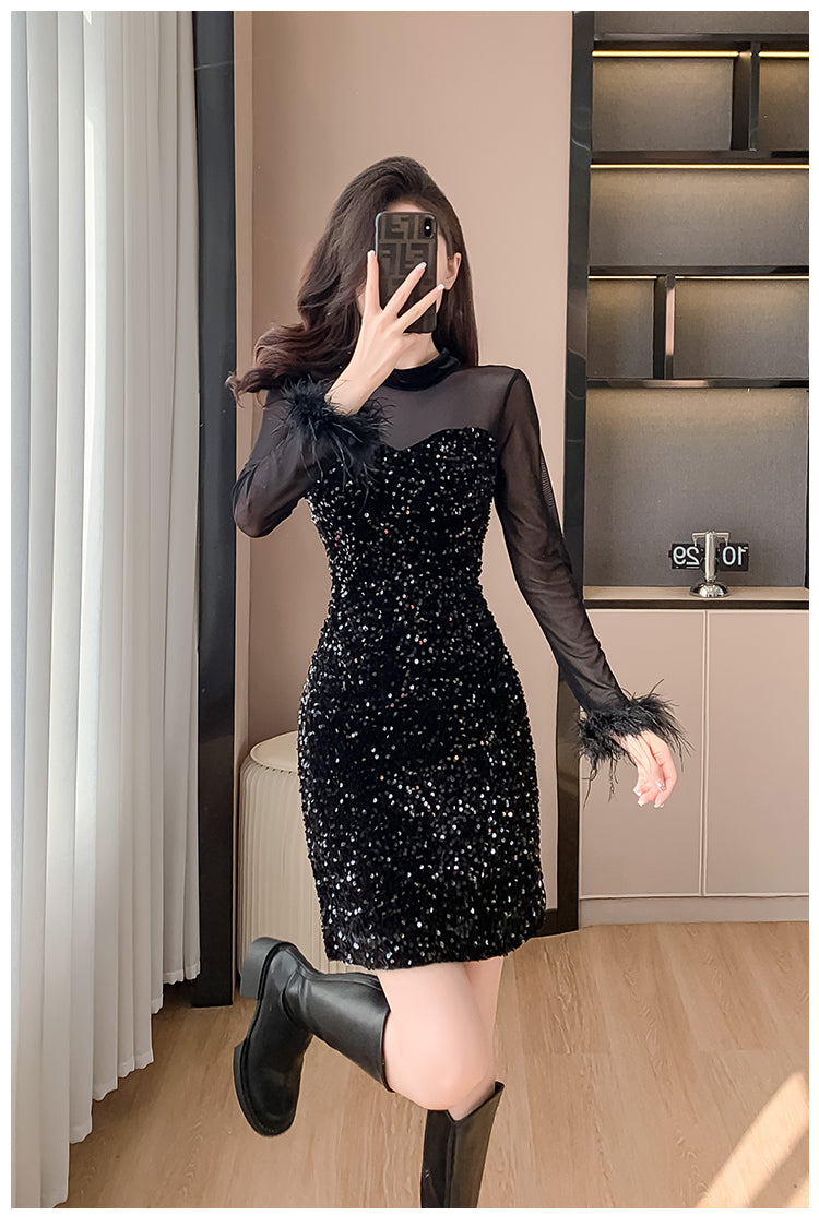 2023 Mesh Stitching Sequins Dress Women's French Entry Lux Sexy Waist Trimming Banquet Dress Sheath Black Dress