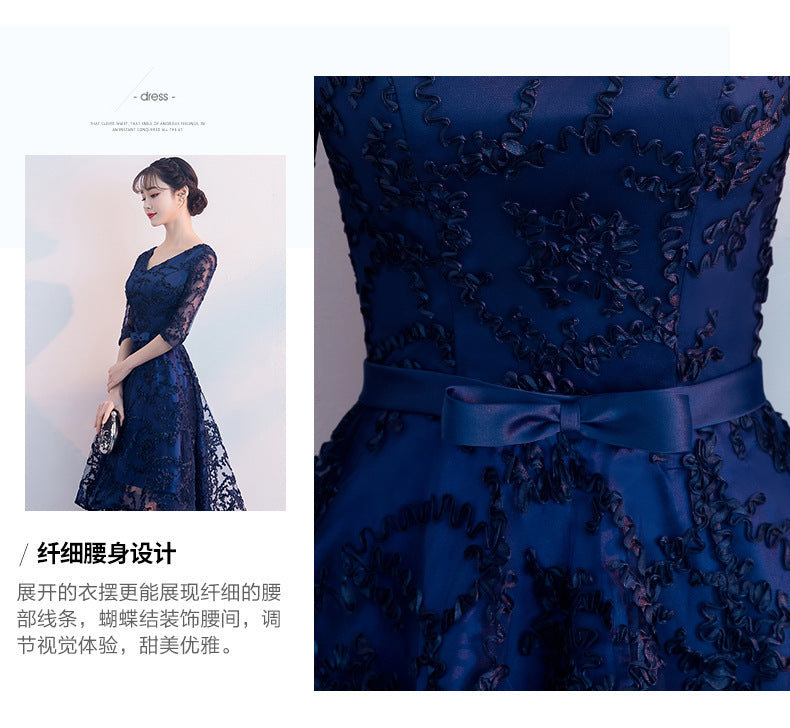 Navy Blue Evening Dress Temperament Banquet Mom Wedding Reception Clothes Front Short Back Length Dress Daily Style Autumn and Winter