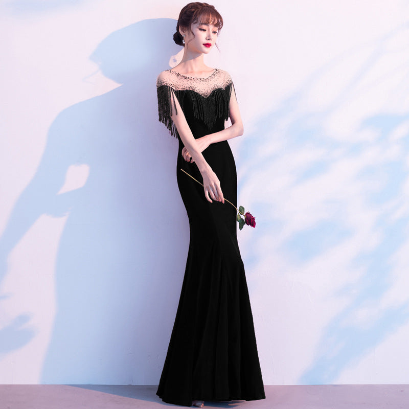 Evening Dress Black Sequin Socialite Dress Host Banquet Dress H2839