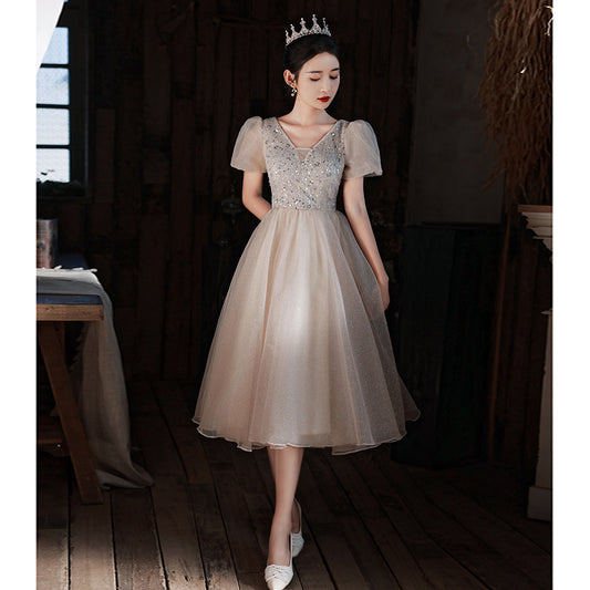 Evening Dress Women's Banquet Autumn High-End French Puff Sleeve Host Long Dress Socialite Advanced Texture Fairy Dress
