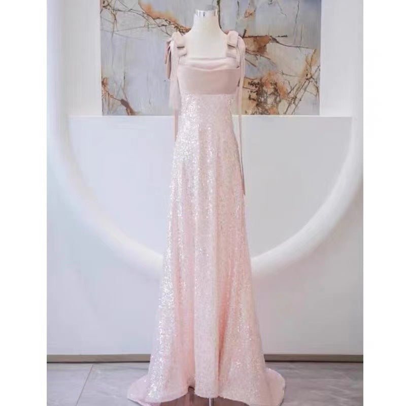Pink Evening Dress Women's Sequined Mopping Sleeveless Niche Banquet Temperament Socialite Host Annual Party Evening Dress