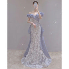 French Princess Escape Evening Dress Super Fairy Blue Student Art Exam Performance Dress off-Shoulder Temperament Bride Toast Dress