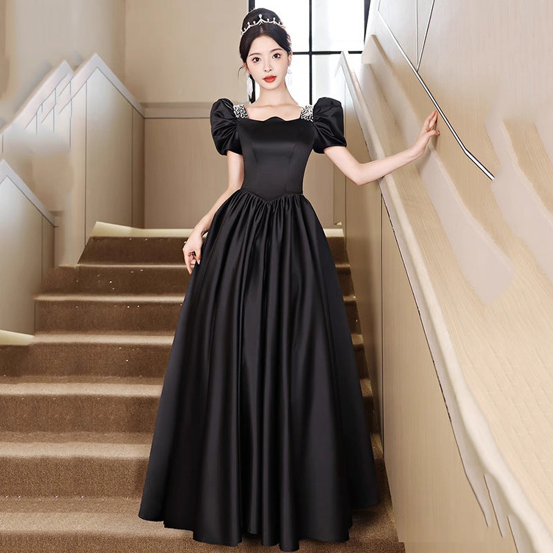 Black Evening Dress Women's Satin High Sense High-End Affordable Luxury Niche Banquet Adult Ceremony Temperament Host Art Test