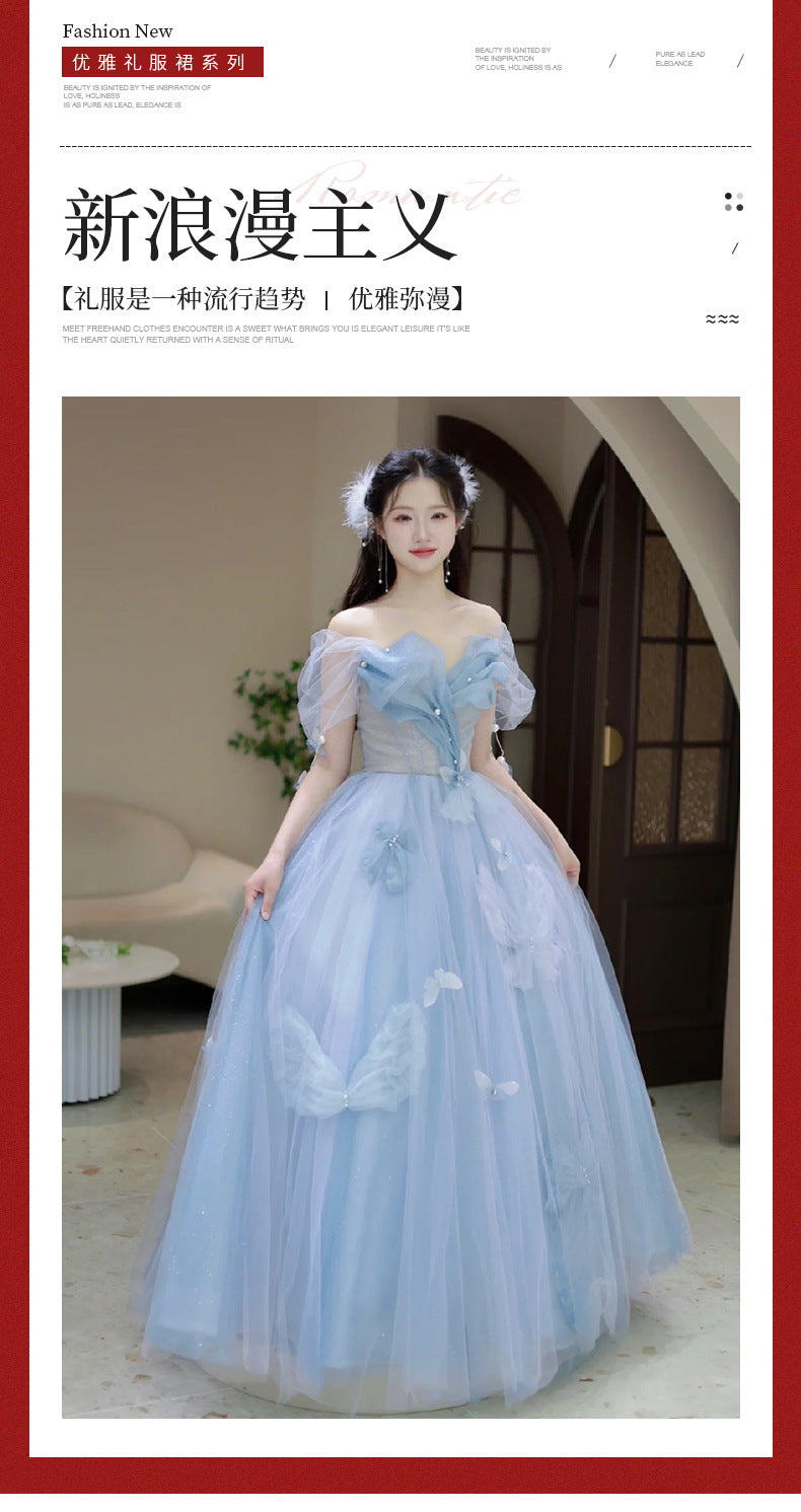 Blue Banquet Evening Dress for Women 2024 New High-Grade Princess on the Run Toast Dress Fairy Light Luxury Annual Meeting Dress