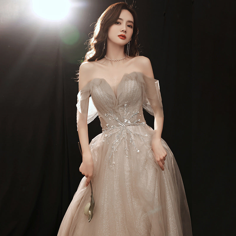 Banquet Evening Dress 2024 New off-Shoulder Dignified Socialite Champagne Dress Host Dinner Annual Meeting Gift