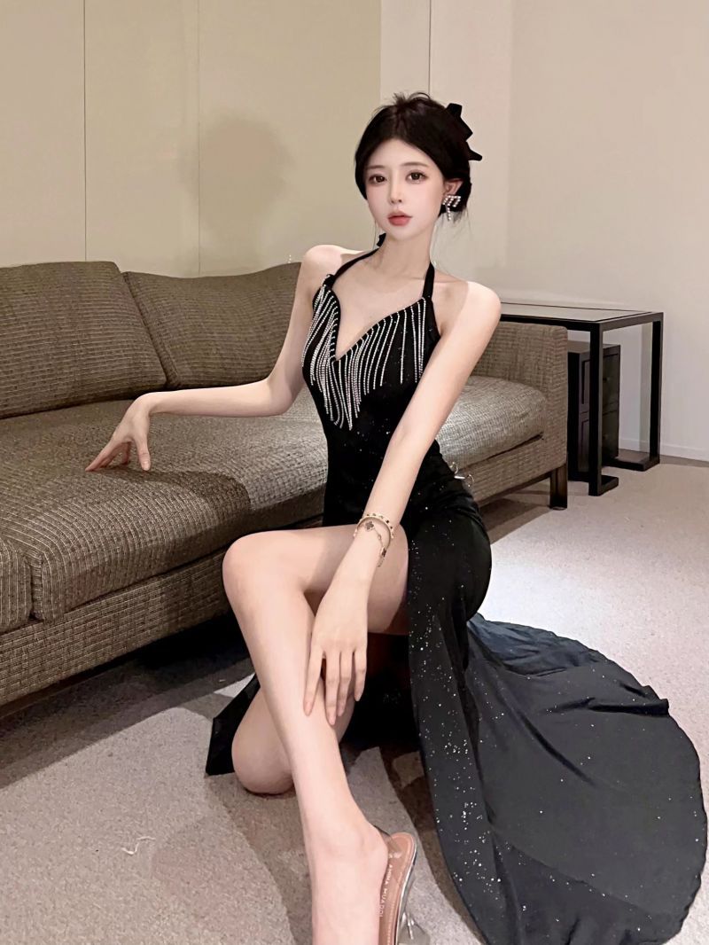 28654 Europe and America Southeast Asia Foreign Trade Wholesale 2024 Women's Clothing Socialite Heavy Industry Dress High Waist Slit Dress