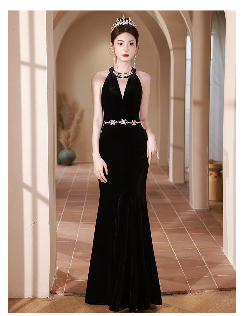 Black Halter V-neck Evening Dress Niche High-End Adult Ceremony Graduation Fishtail High-End Birthday Host Ceremony