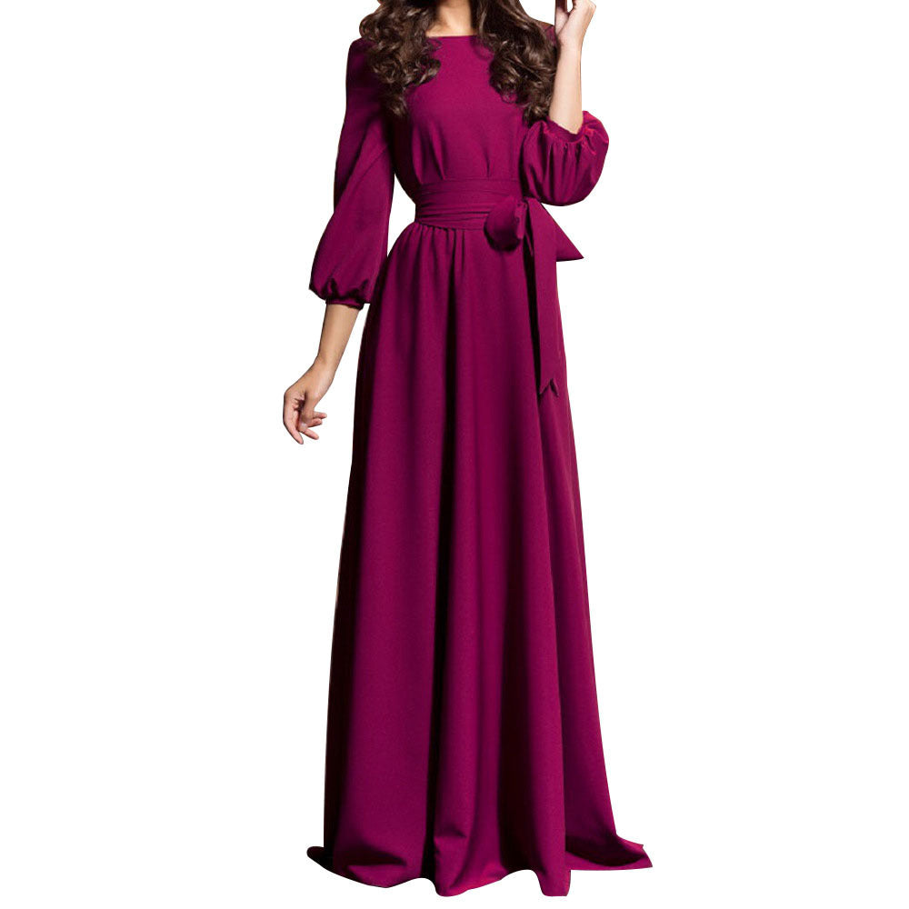 2022 New European and American round Neck Bohemian Retro Lantern Sleeve Long Casual Dress Dress