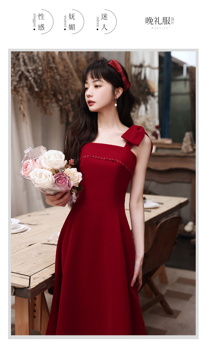 Toast Dress Bride Spring Short Small Wine Red Daily Style Back-to-Door Casual Wear Sling Female Engagement Dress