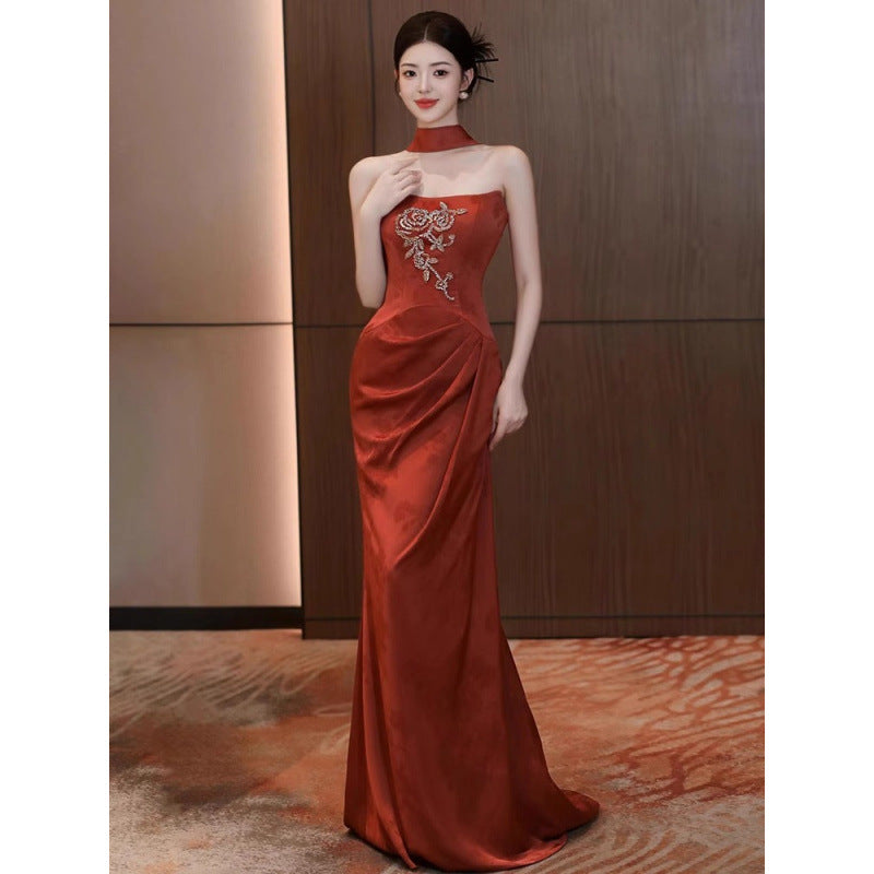 New Chinese Style Morning Gowns Women's 2024 New High-Grade Bride Engagement Formal Dress Toast Dress Tube Top out of Court Banquet Fishtail Skirt