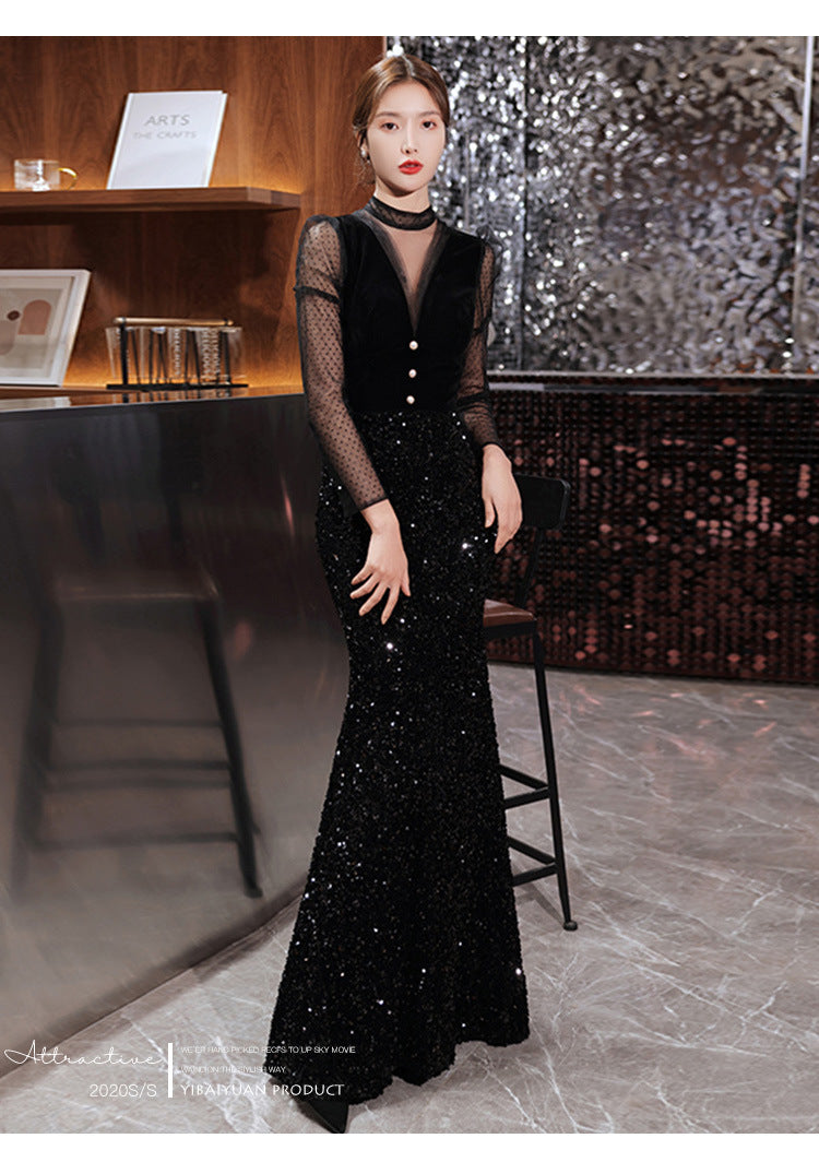 Black Velvet Evening Dress 2024 New Temperament Banquet Fishtail Vocal Dress Art Exam Long Sleeve Host Clothing