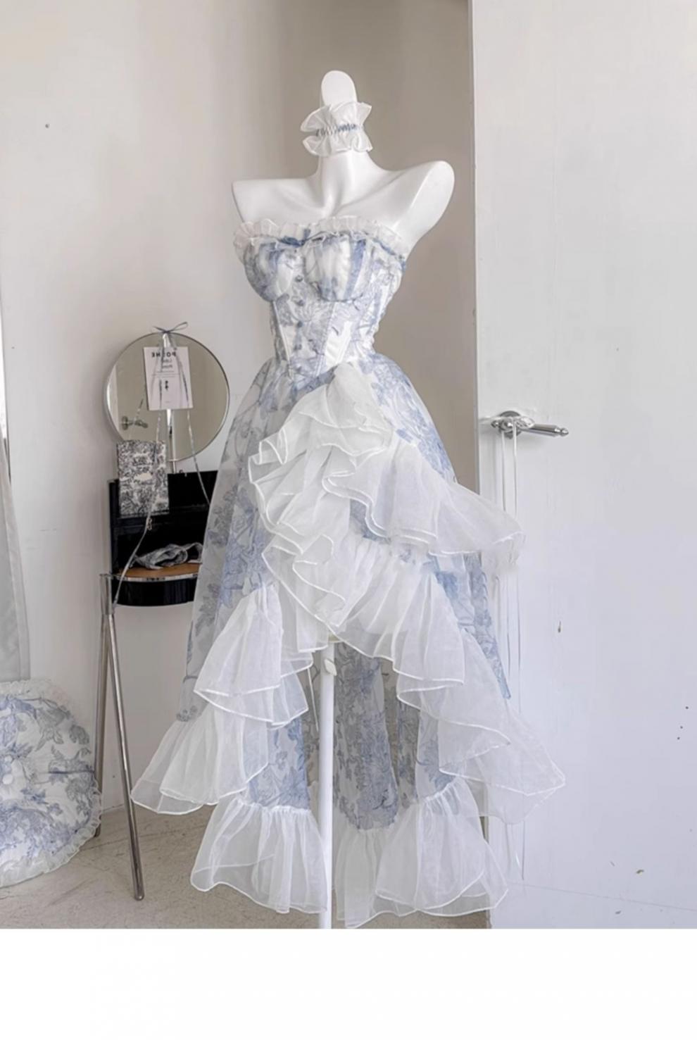 French Blue Floral Strapless Dress Women's Summer Princess Vintage Vintage Lolita Dress