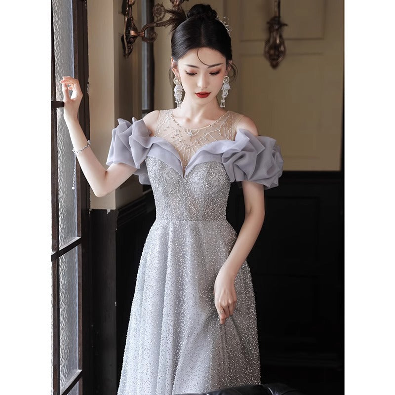 off-Shoulder Evening Dress for Women 2024 New High-End Fairy Host Dress Slim Fit Adult Ceremony Banquet Dress